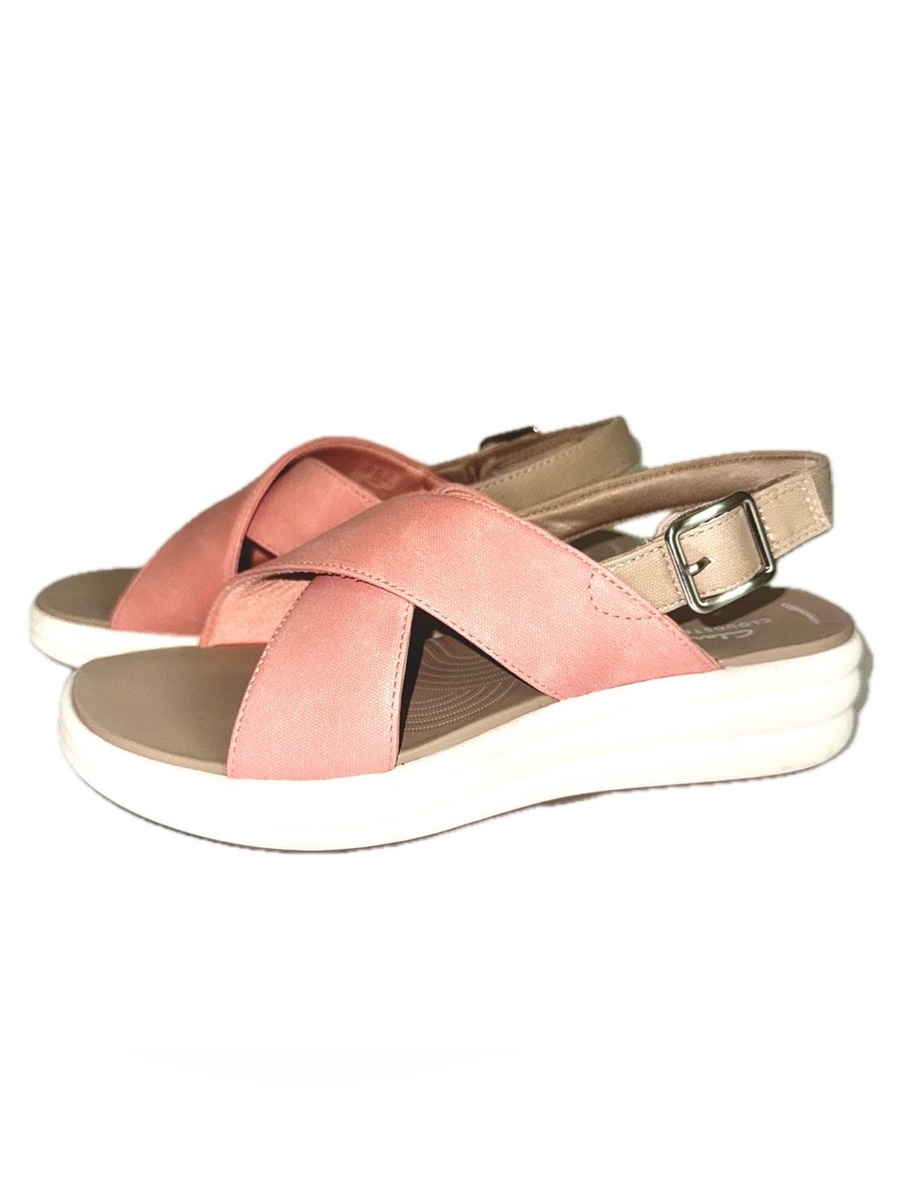Clarks Cloudsteppers “Drift Sun” Peach Platform Wedge Sandals, Sz 8